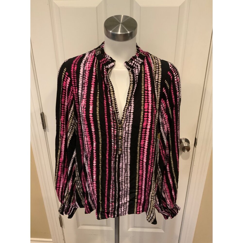 Maeve Black & Pink Polka Dot V-Neck Blouse, Size M